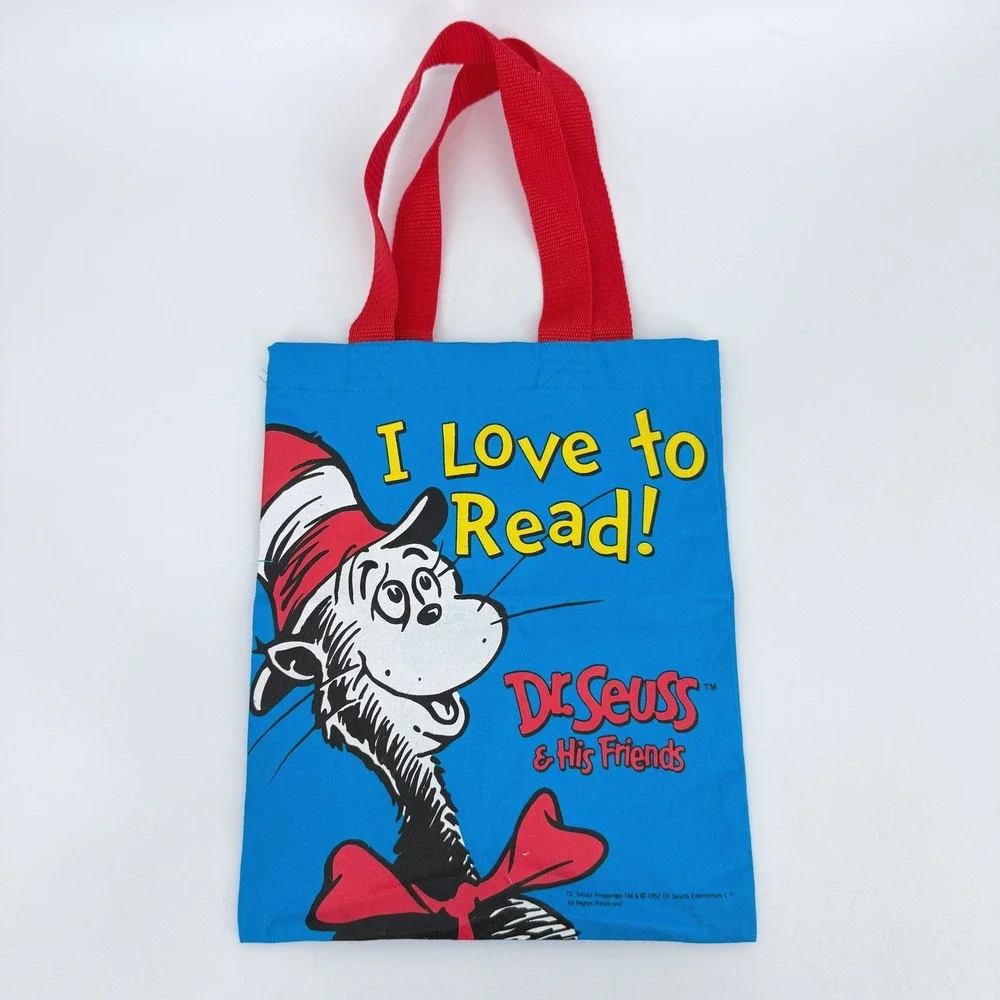Dr. Seuss I Love‎ To Read Book Bag Vintage Tote Blue with Red Handles